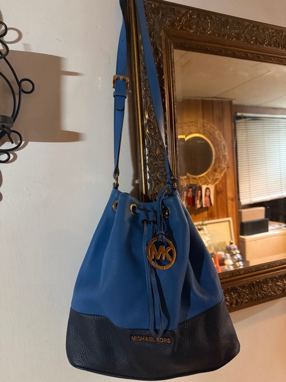 Michael Kors Two-Tone Blue Leather Drawstring Shoulder Bag
